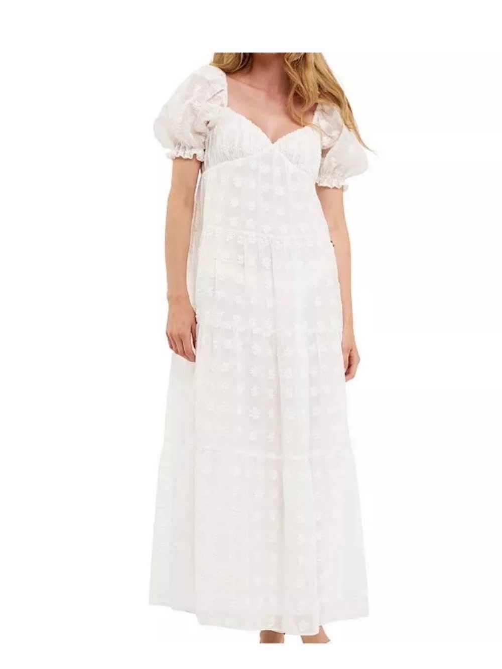 Free The Roses Sweetheart Tiered Short Sleeve Floral Maxi White Dress Sz Medium